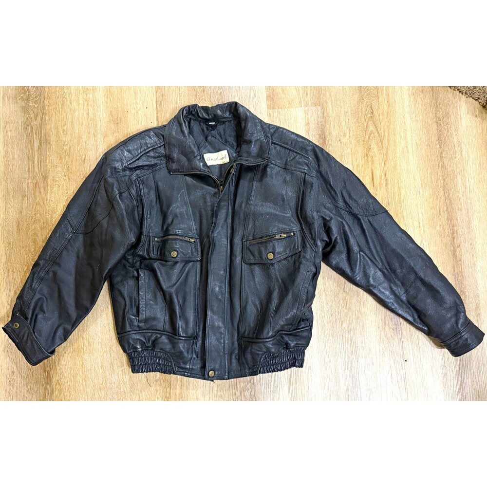 GreatLand Men’s Black Leather Bomber Jacket Zip/Button Stand Collar Lined M